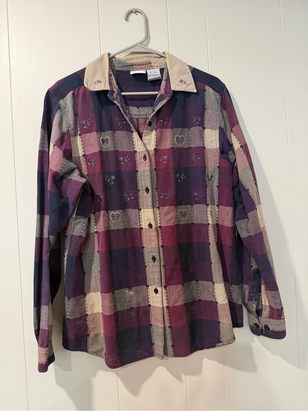 Bobbie Brooks Purple and Cream Plaid Embroidered Button-Down Shirt